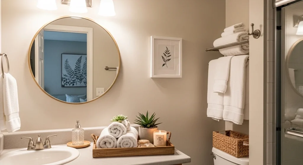 wood vanity accents cozy small apartment bathroom decor
