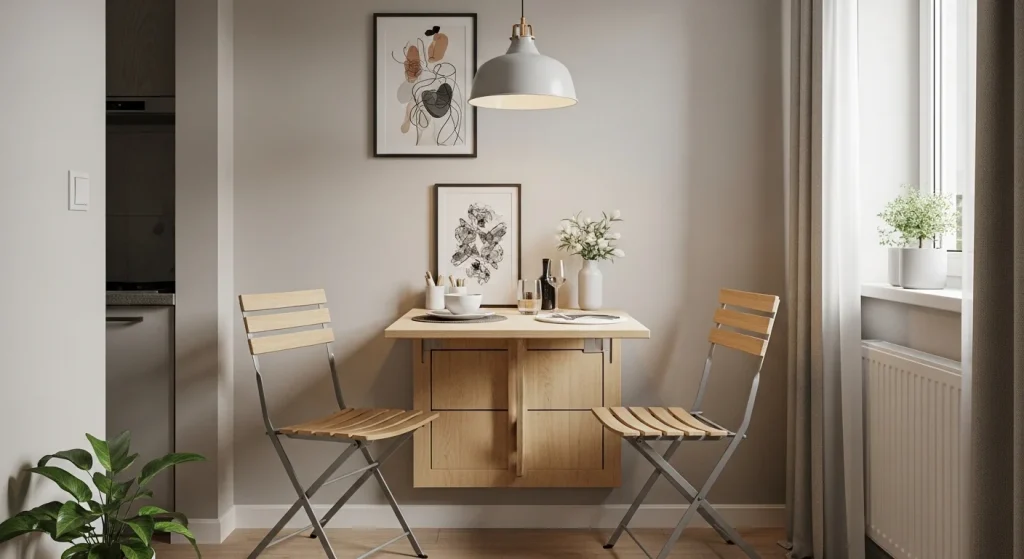 Foldable dining table and chairs in a small modern apartment with neutral decor