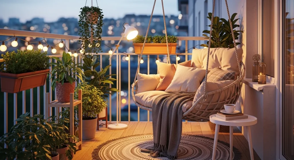 swing chair small apartment balcony decor ideas
