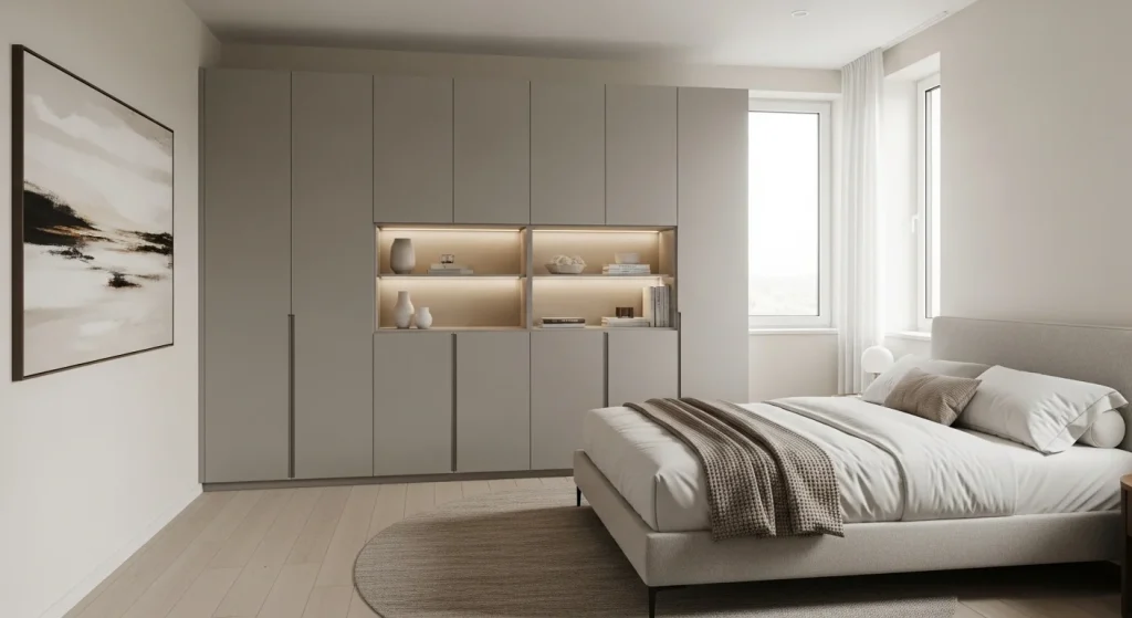 built in wardrobe wall storage in small apartment bedroom
