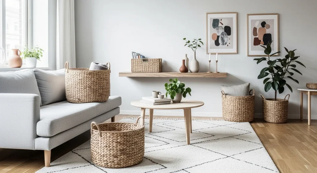 storage baskets scandinavian small apartment decor ideas