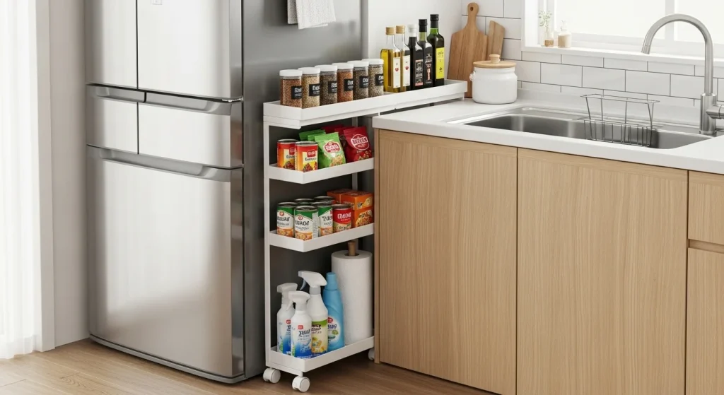 Slim storage rack for narrow kitchen spaces