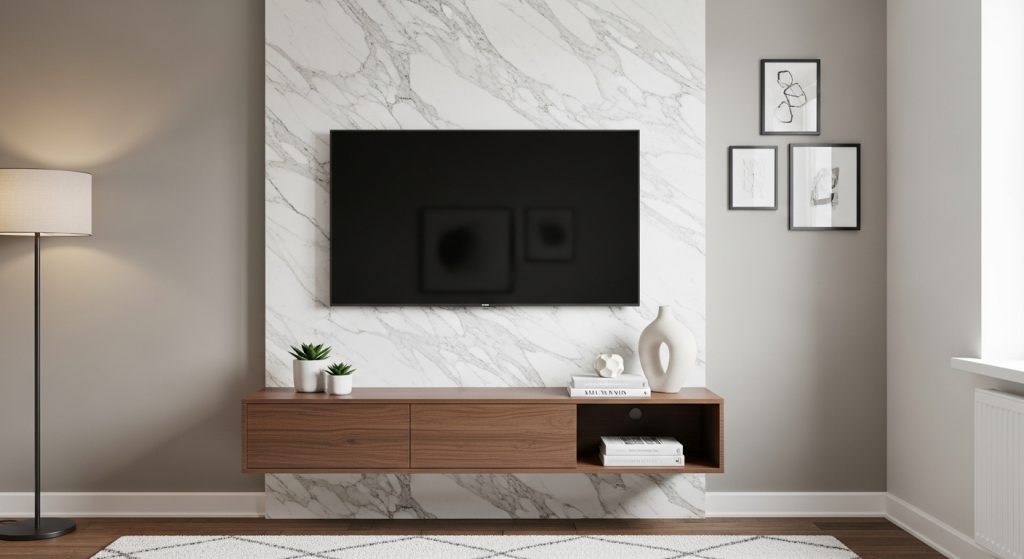 marble accent small apartment TV wall ideas