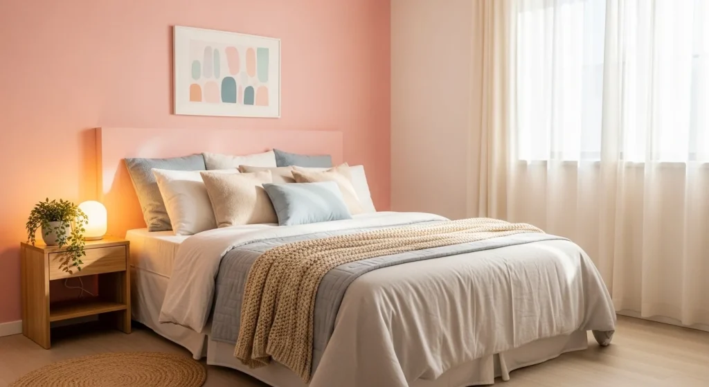  small bedroom with pastel accent wall
