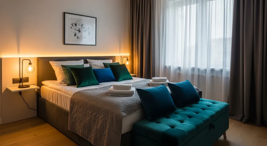 modern luxury bedroom with velvet accents