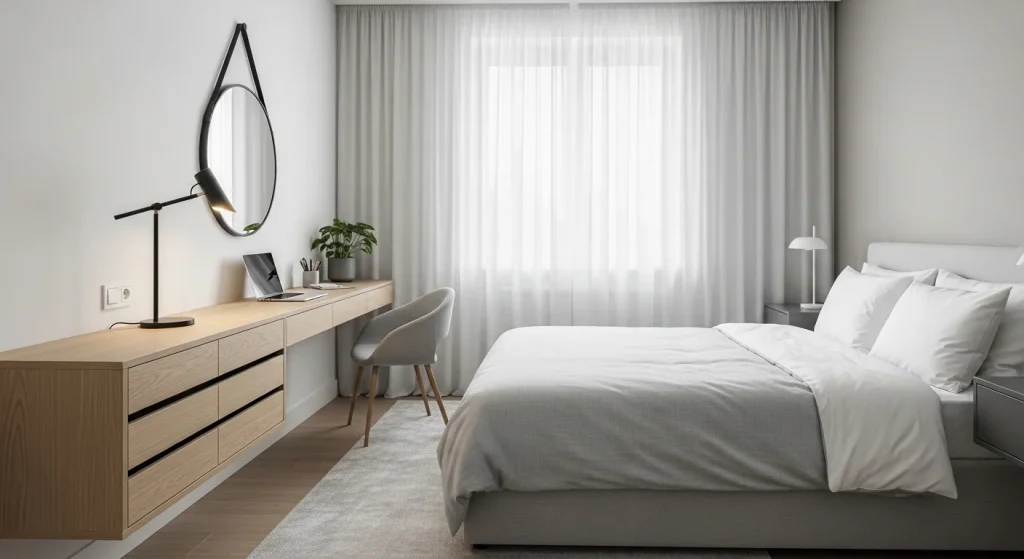 Floating desk with storage drawers creating compact workspace in small bedroom