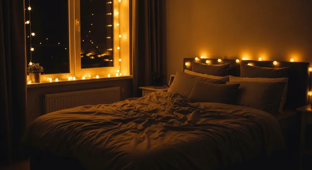 fairy lights around window bedroom decor idea