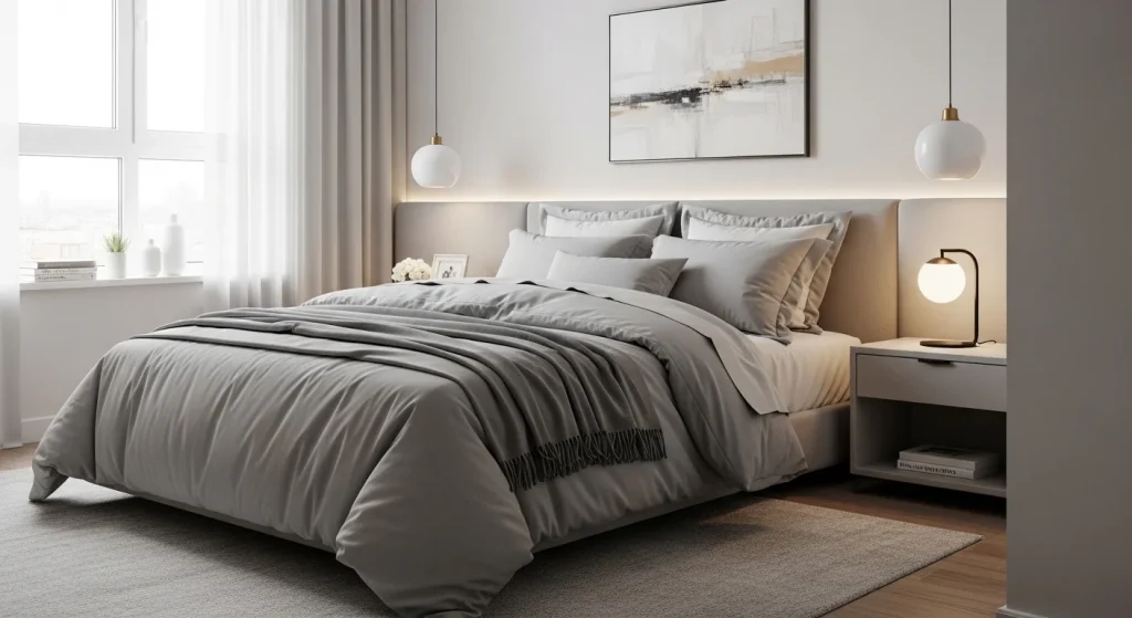 soft gray bedding modern small apartment bedroom
