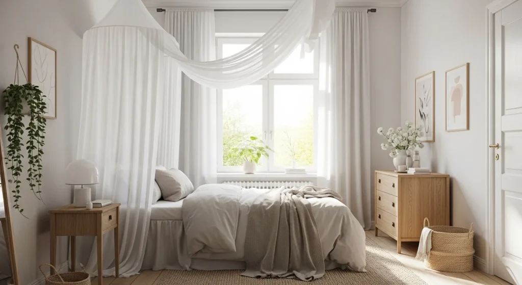 white canopy small apartment bedroom decor idea