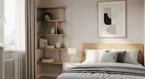 corner shelf storage small apartment bedroom