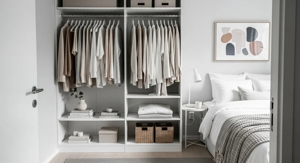 open closet small bedroom wardrobe organization