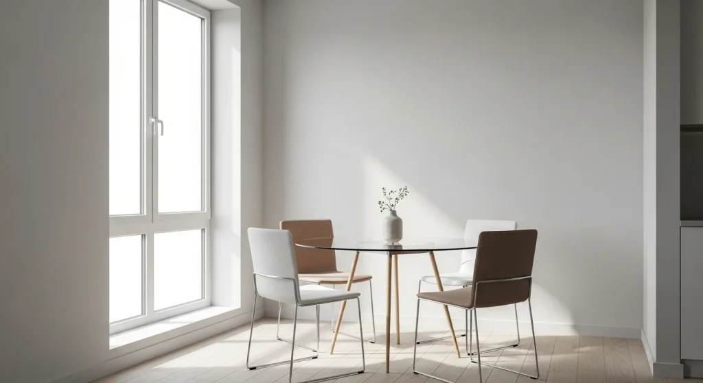 Round glass dining table with minimalist chairs in a bright, neutral-toned small apartment dining area