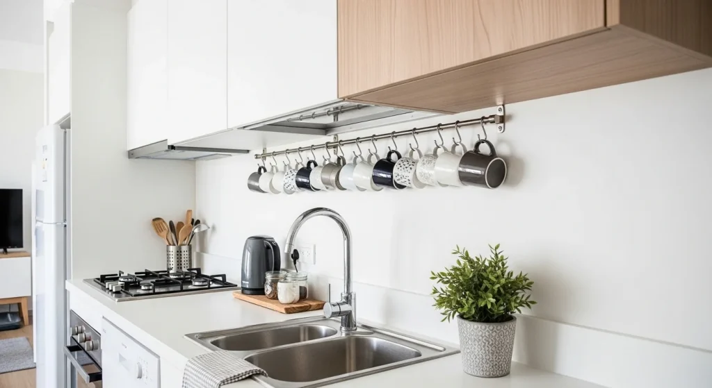 mug hooks small apartment kitchen organization ideas