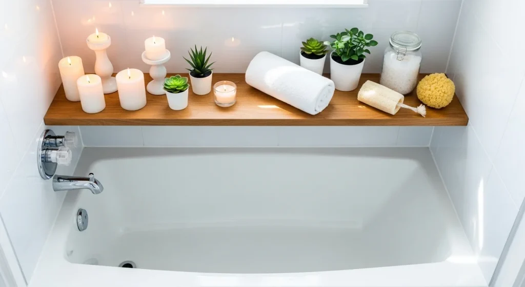 bathtub shelf small apartment bathroom shelf ideas
