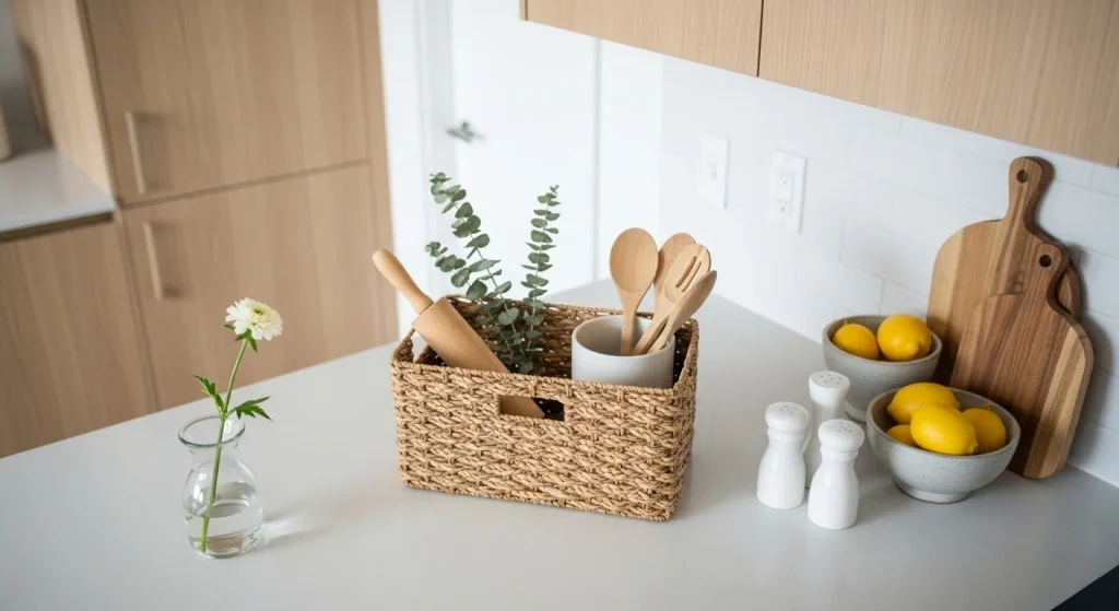  basket storage small apartment kitchen counter decor ideas
