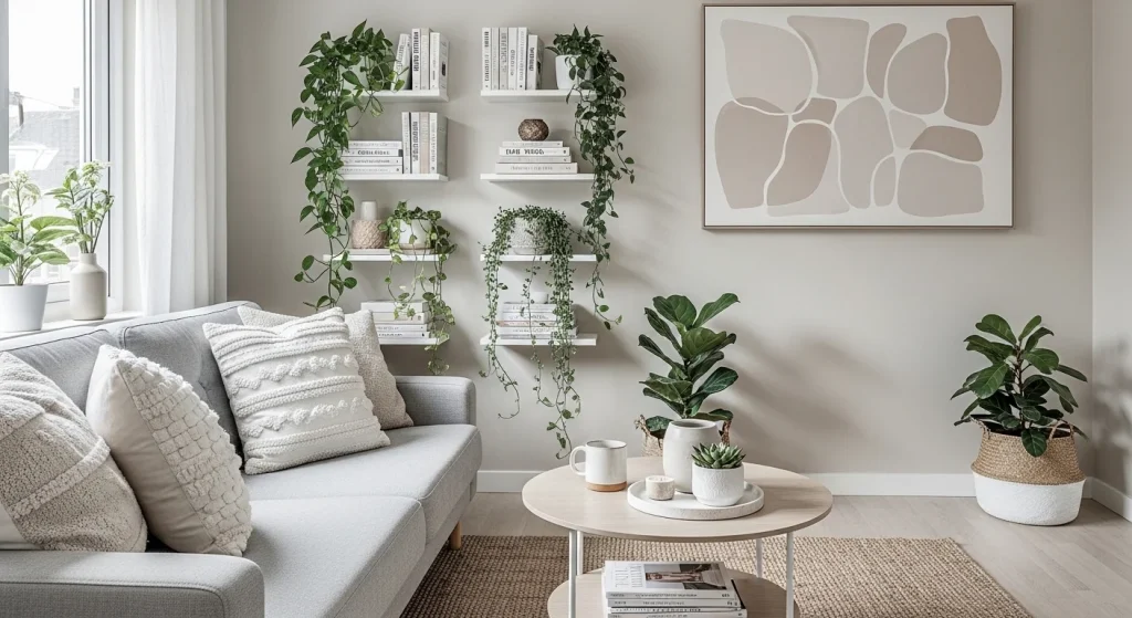 vertical shelves small apartment living room wall decor ideas