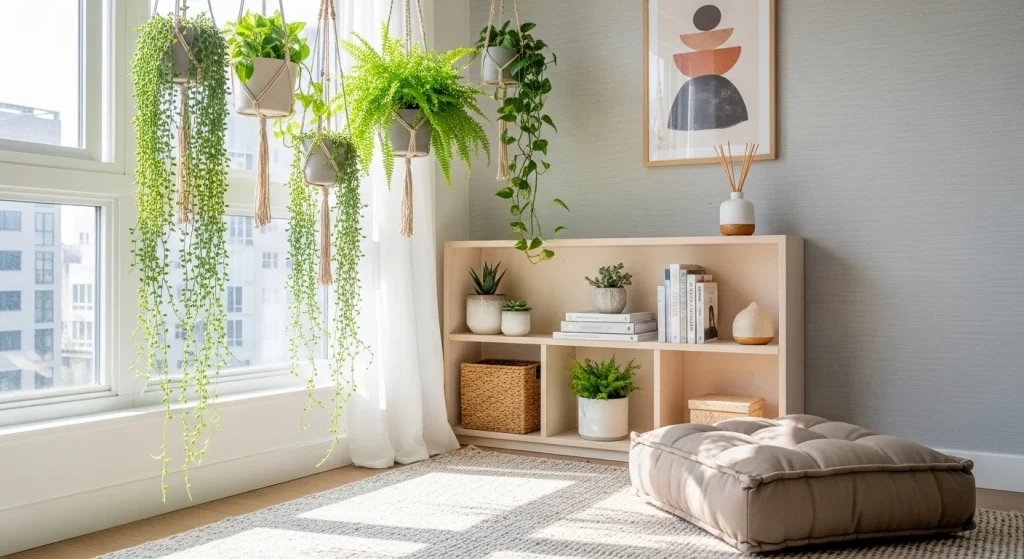 hanging plant corner small apartment plant decor ideas
