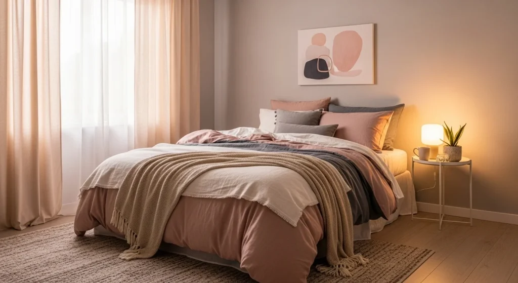 soft area rug small apartment bedroom decor