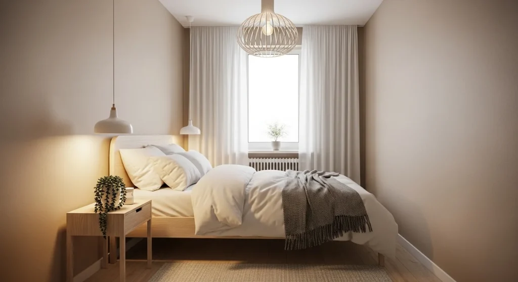 Scandinavian small bedroom with beige color palette