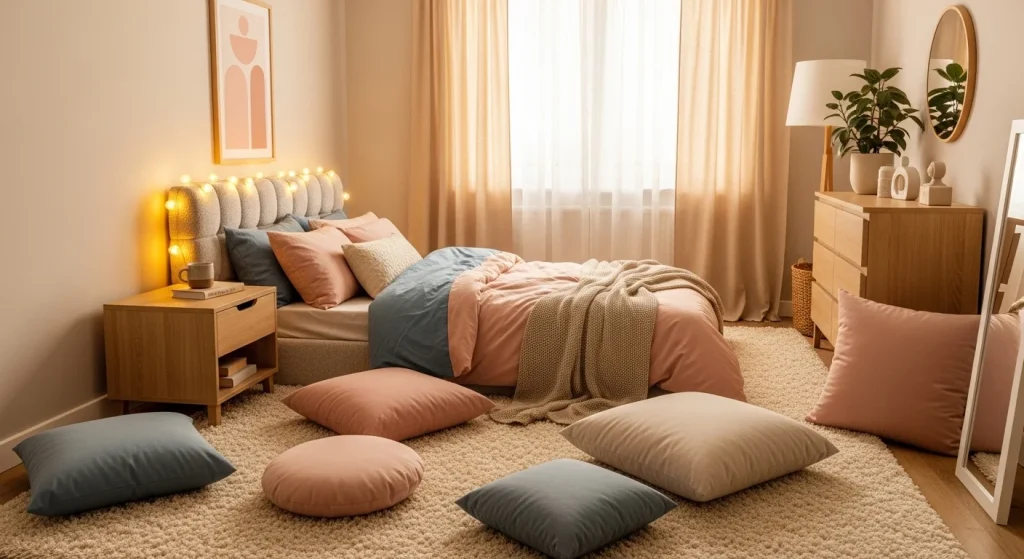 small bedroom with cozy floor cushions