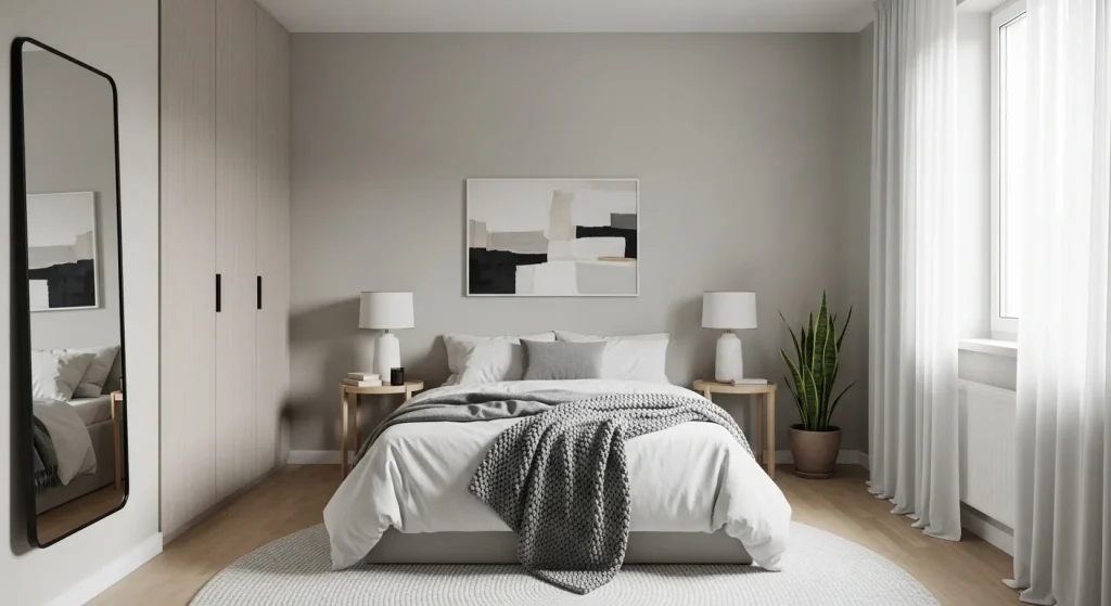 balanced minimalist small apartment bedroom layout
