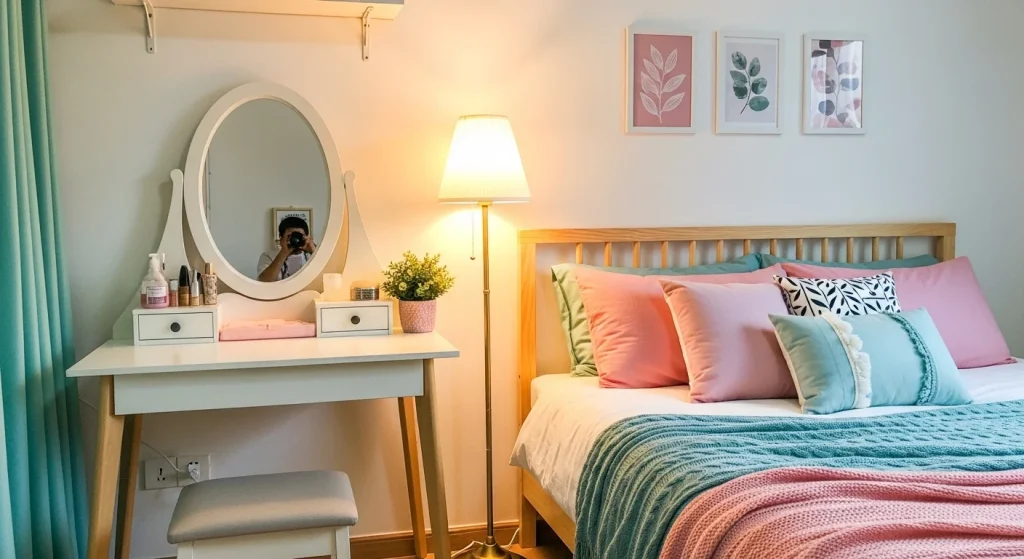 mini vanity setup in small bedroom