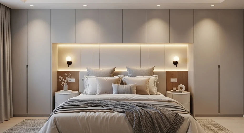 small bedroom with built in wardrobe storage
