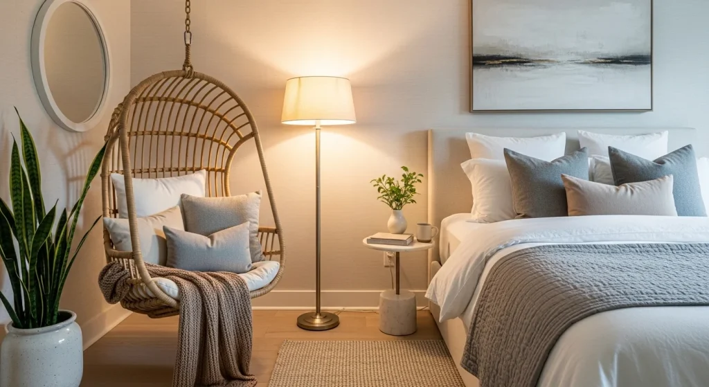 hanging chair small bedroom reading nook
