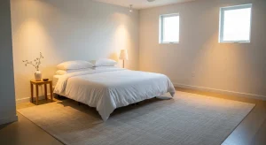 neutral rug minimalist small apartment bedroom