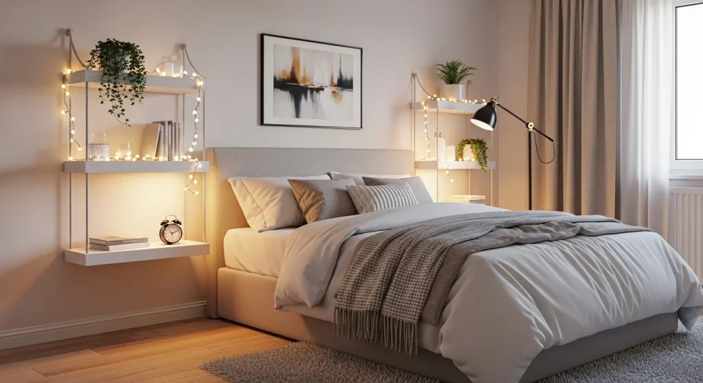 fairy lights floating shelf bedroom decor
