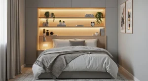 storage headboard small apartment bedroom