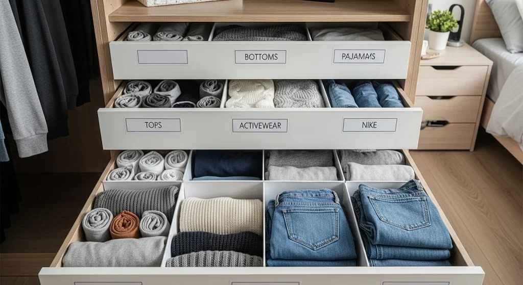 labeled drawer small bedroom wardrobe organization