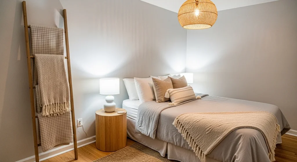 beige blanket ladder decor ideas for small apartment bedroom