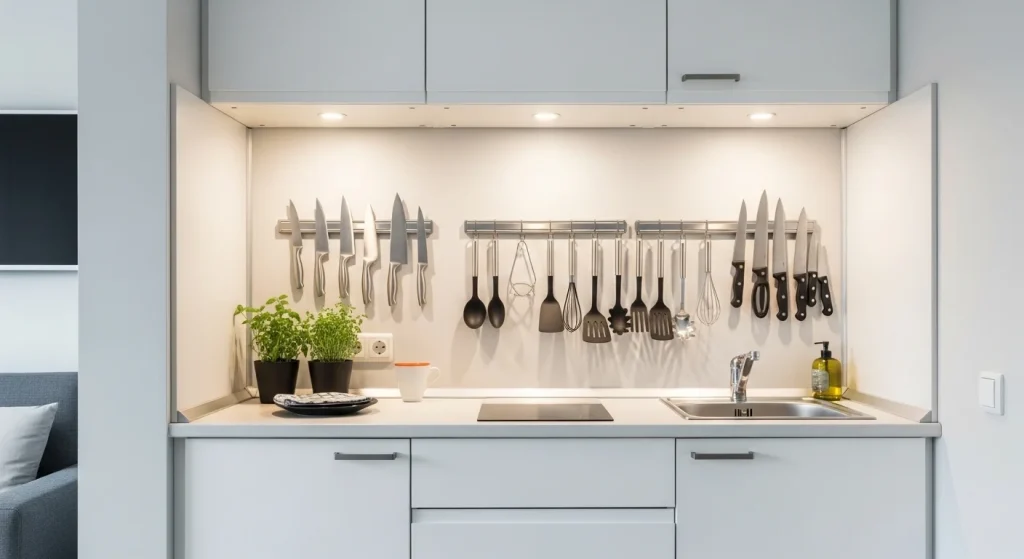 magnetic wall storage small apartment kitchen ideas