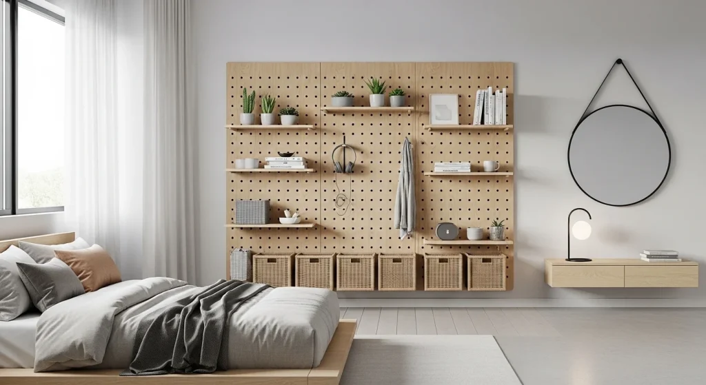 pegboard wall storage in small apartment bedroom
