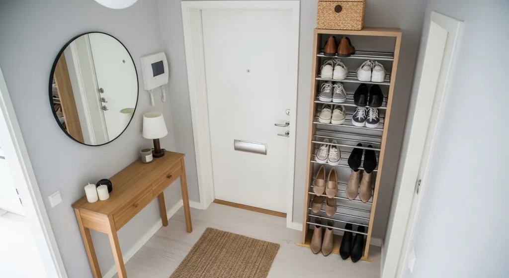 vertical shoe rack small apartment entryway storage ideas
