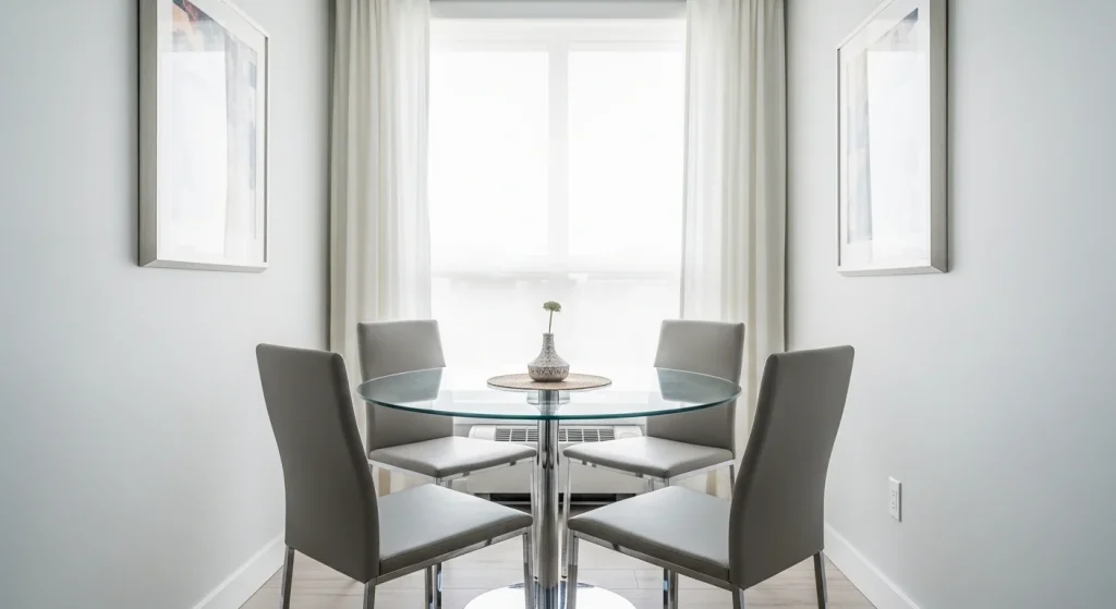 Round glass dining table with slim chairs in a bright small apartment