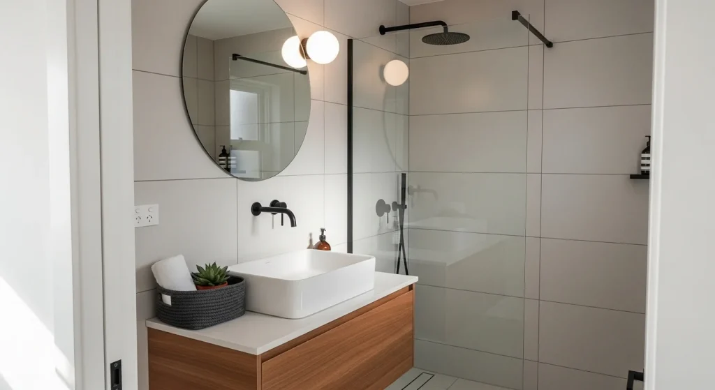 neutral tiles minimal small apartment bathroom ideas