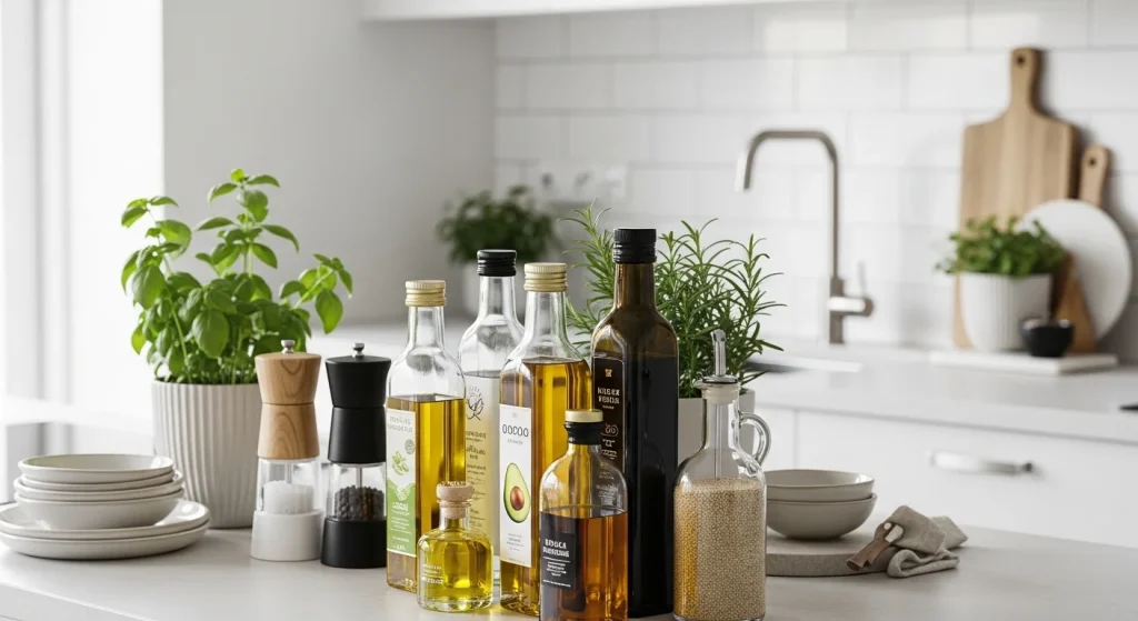 oil bottle decor small apartment kitchen counter decor ideas
