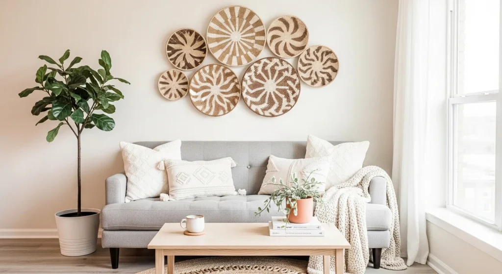 wall basket decor small apartment living room wall decor ideas