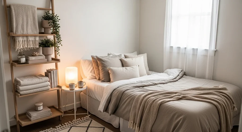 ladder shelf storage small apartment bedroom idea