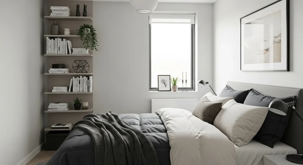 vertical shelf storage small apartment bedroom idea
