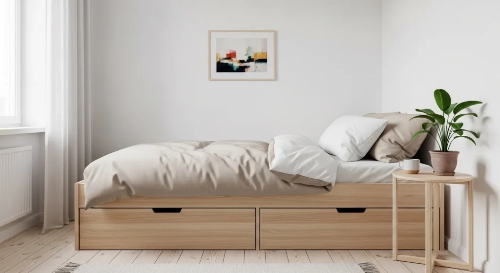 Scandinavian bedroom with under bed storage
