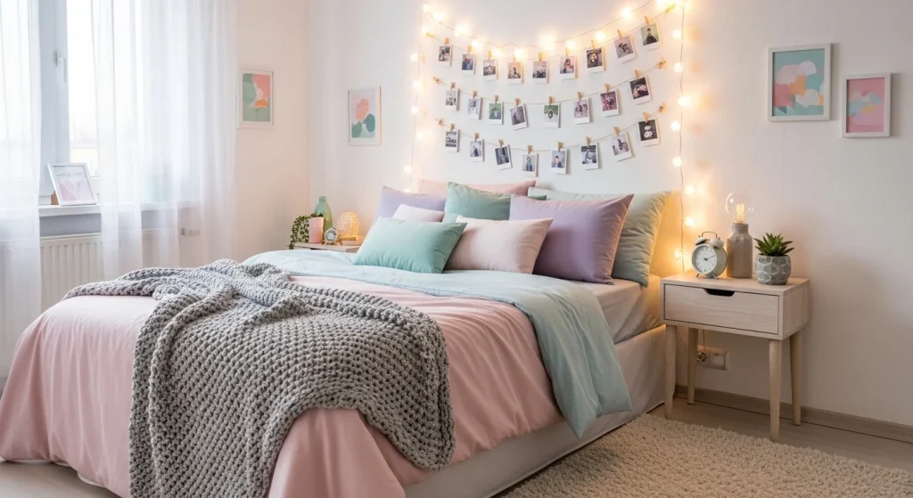 Cozy bedroom with fairy lights decor