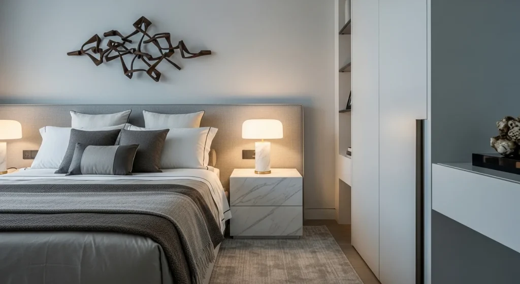 modern luxury bedroom with sculptural decor