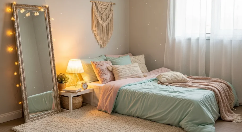 aesthetic mirror decor in cute small bedroom
