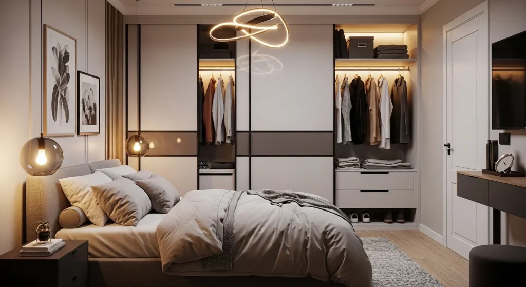 Built in wardrobe with sliding doors saving space in small apartment bedroom