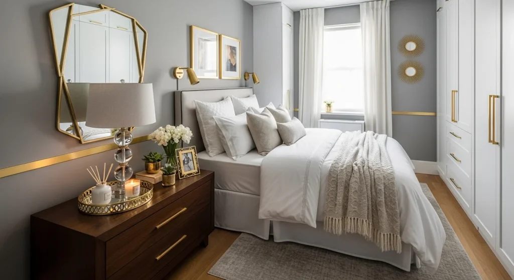 nightstand tray decor in small bedroom
