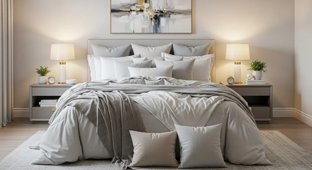  layered pillows elegant small apartment bedroom bedding