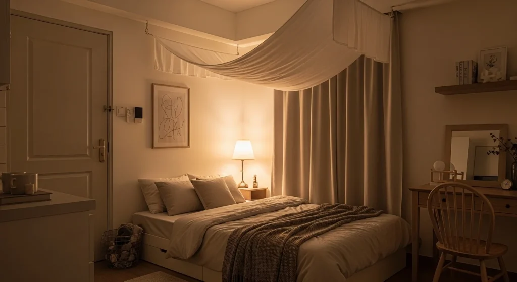corner canopy small apartment bedroom idea